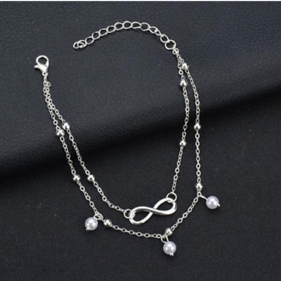 Silver Infinity Anklet with Pearl Charms - Picture 2 of 4